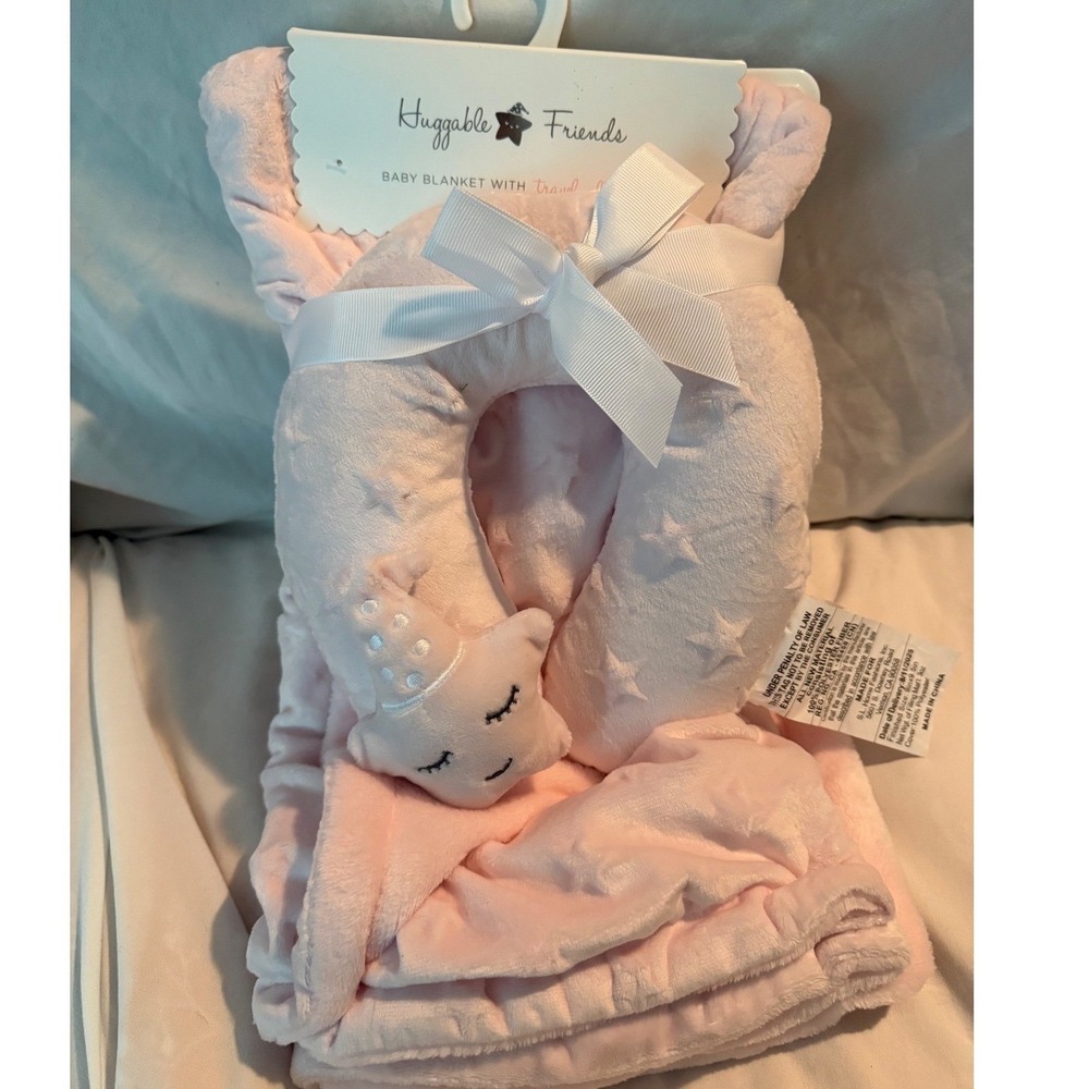 Huggable Friends Baby Blanket and Travel Pillow Set Pink Star Plush HF2-8278